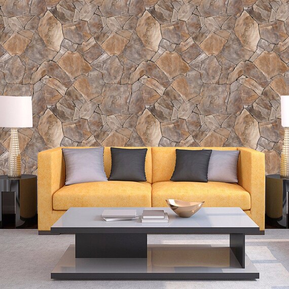 3D Stone wallpaper mural with brown /& gray rock brick wall Rock wall Wall covering Wall decor Self adhesive Prepasted Removable Peel stick