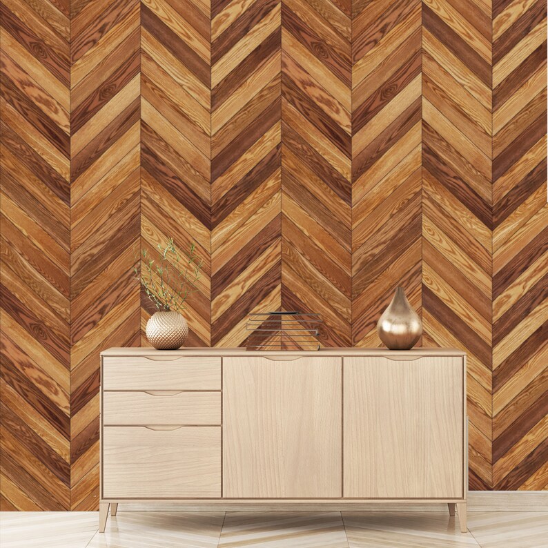 Brown Wood Planks Chevron Wood Wallpaper Traditional Non Etsy