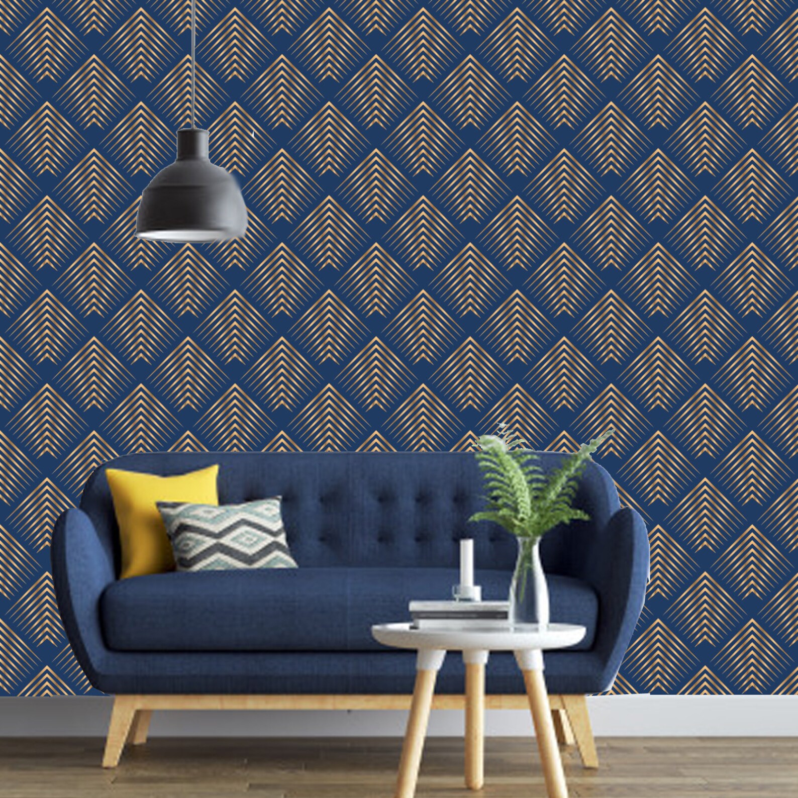Geometric Art Deco Blue Gold Wallpaper Monochrome Embossed Etsy