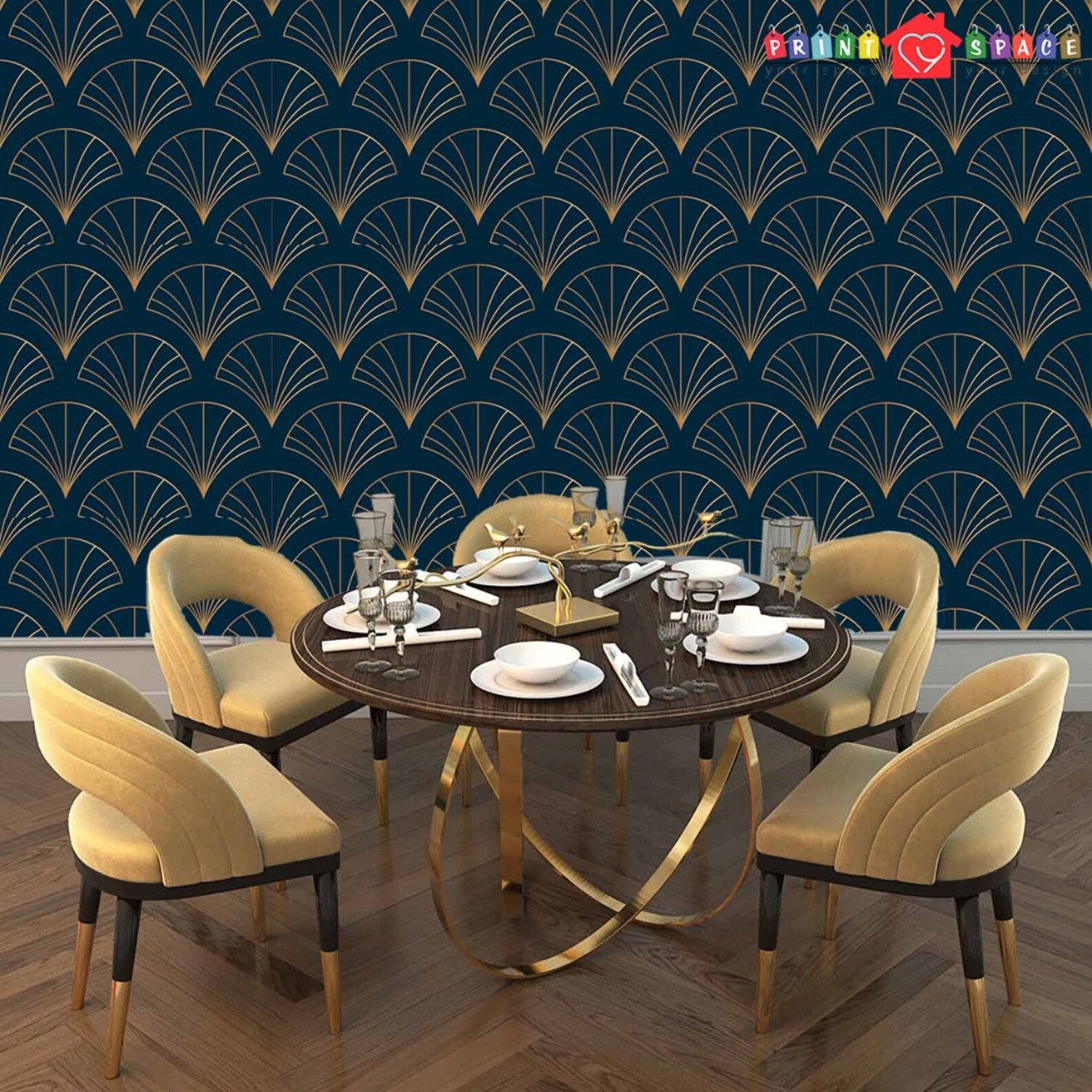 Art Deco Blue Gold Geometric Wallpaper Removable Peel and Etsy