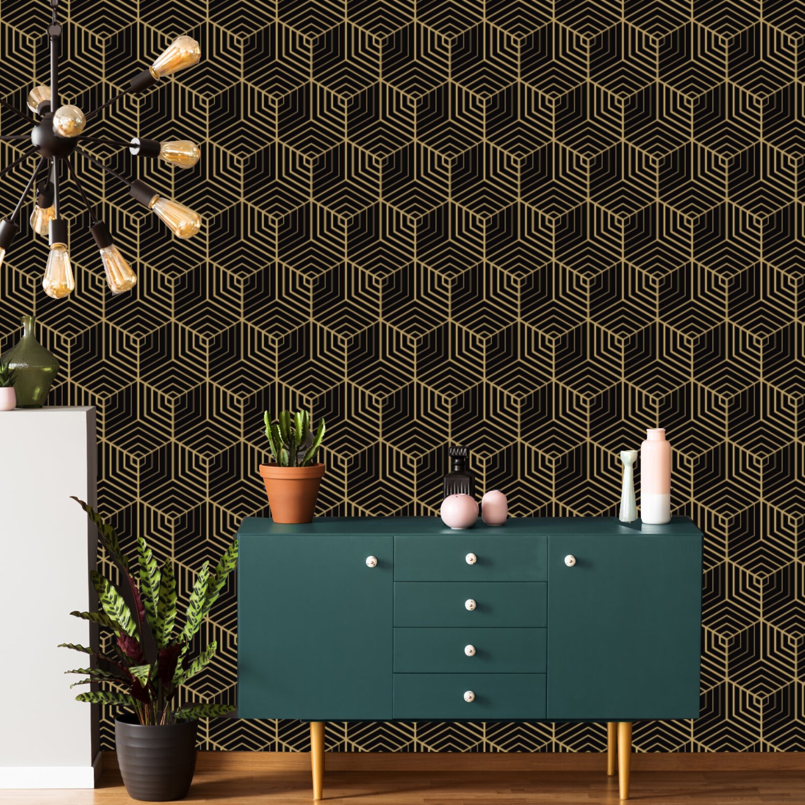Art Deco Geometric Wallpaper in Black & Gold Removable Peel Etsy