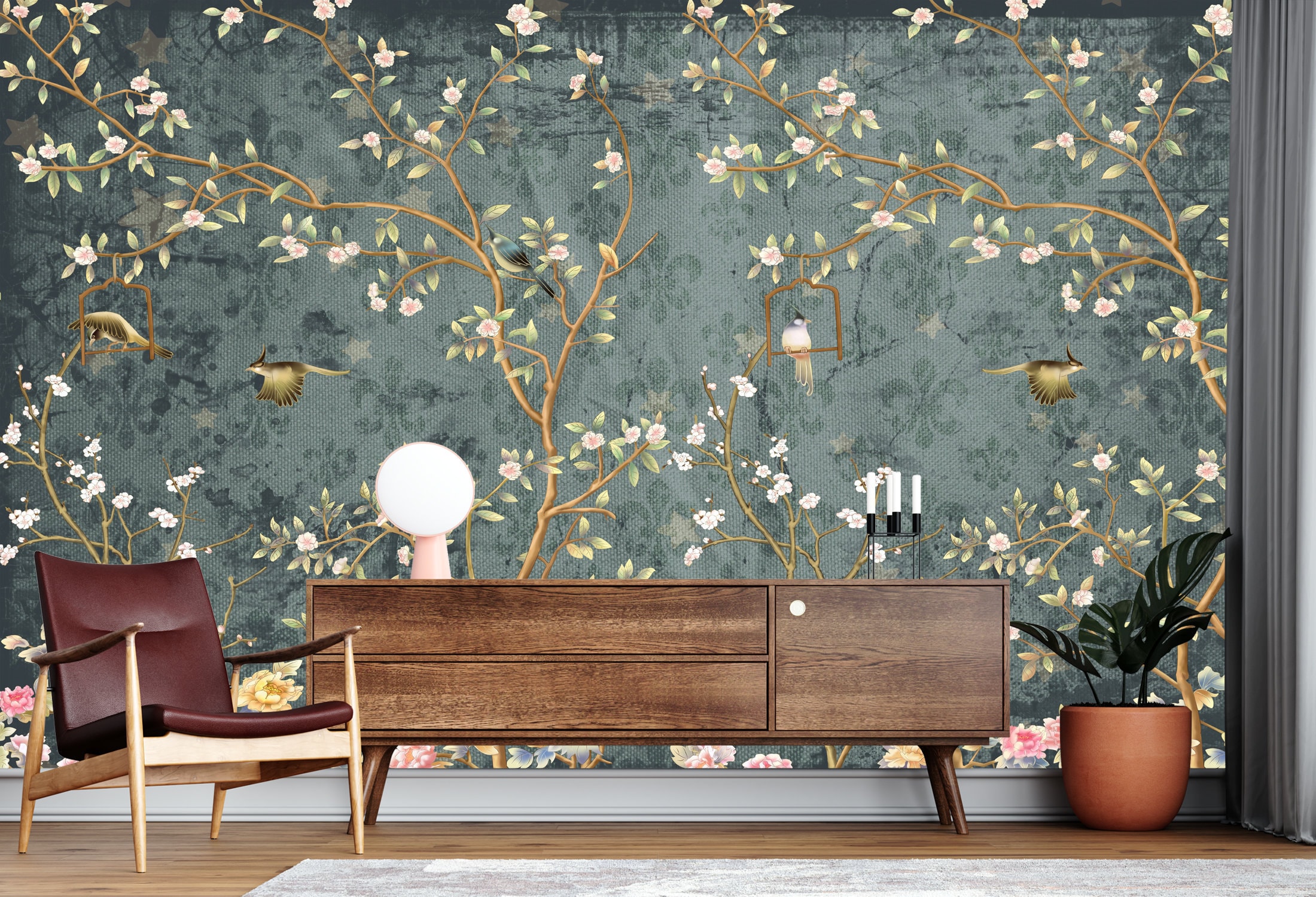 Chinoiserie Bird Nature Wallpaper Botanical Wallpaper Tree | Etsy