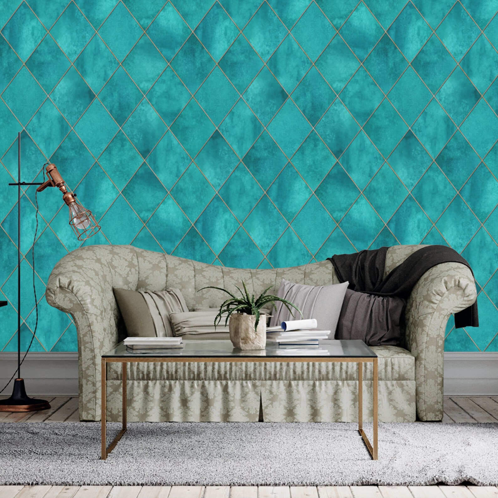 Geometric Art Deco Teal Blue Wallpaper Monochrome Embossed | Etsy