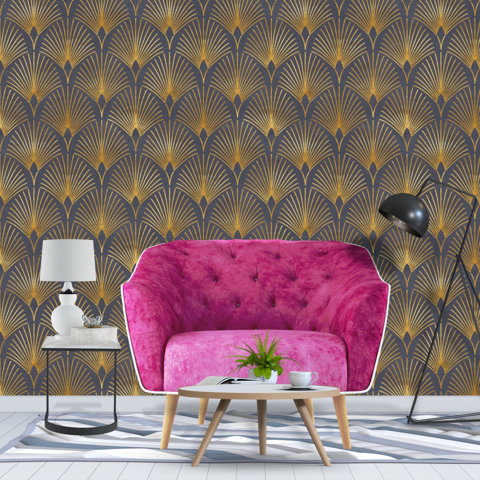 Geometric Art Deco Gray Gold Wallpaper Monochrome Embossed Etsy