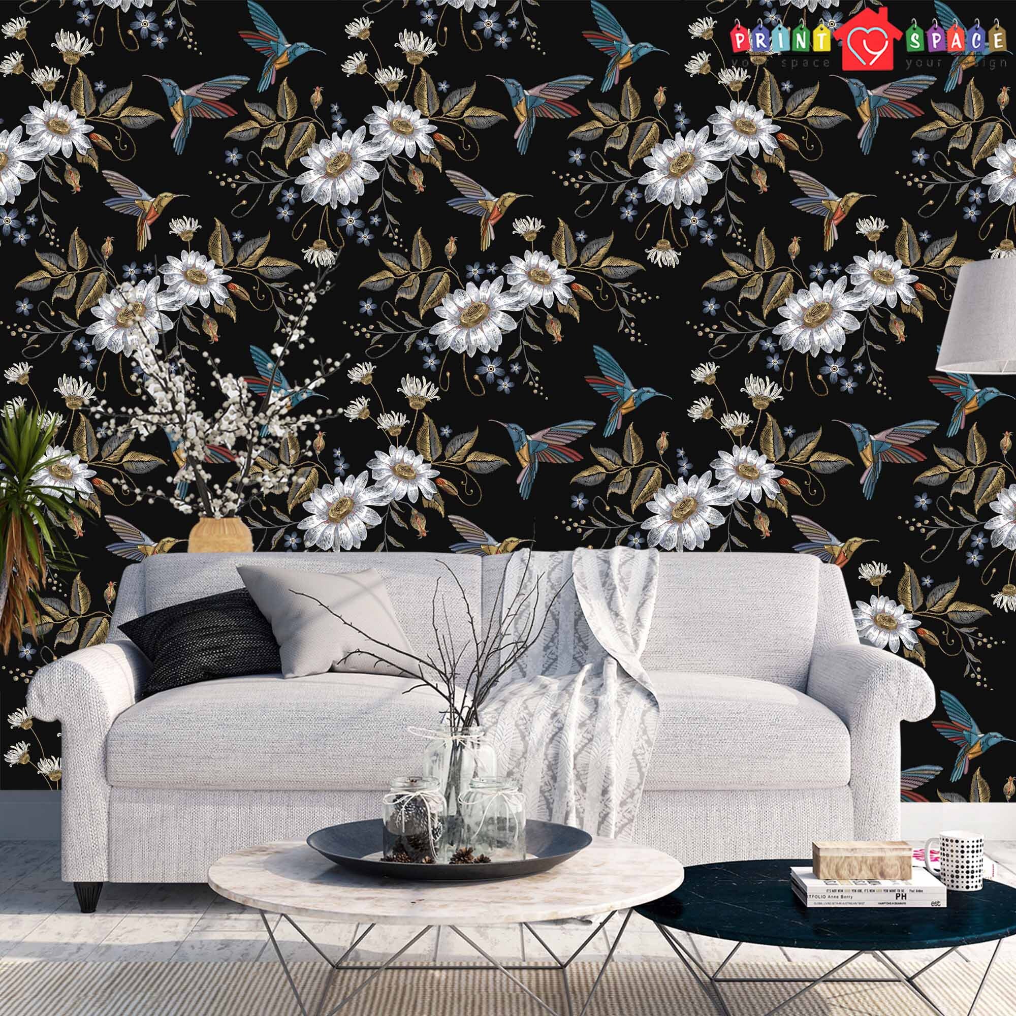 Black and White Wallpaper Bird Wallpaper Chinoiserie Wall Etsy