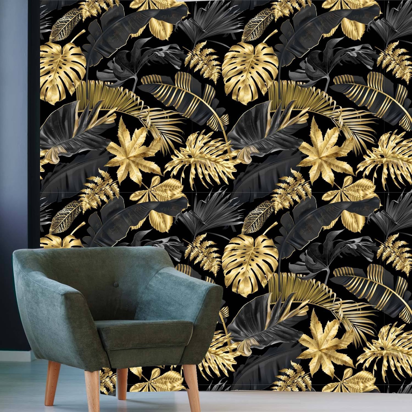 Tropical Leaves Gold Black 3D Wallpaper Traditional Non woven | Etsy