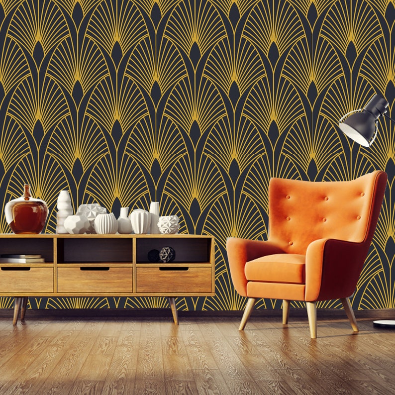 Geometric Art Deco Black Gold Wallpaper Monochrome Embossed Etsy