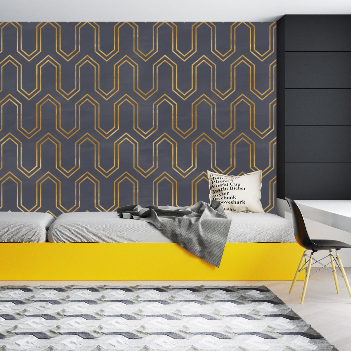 Geometric Art Deco Gray Gold Wallpaper Monochrome Embossed Etsy Canada