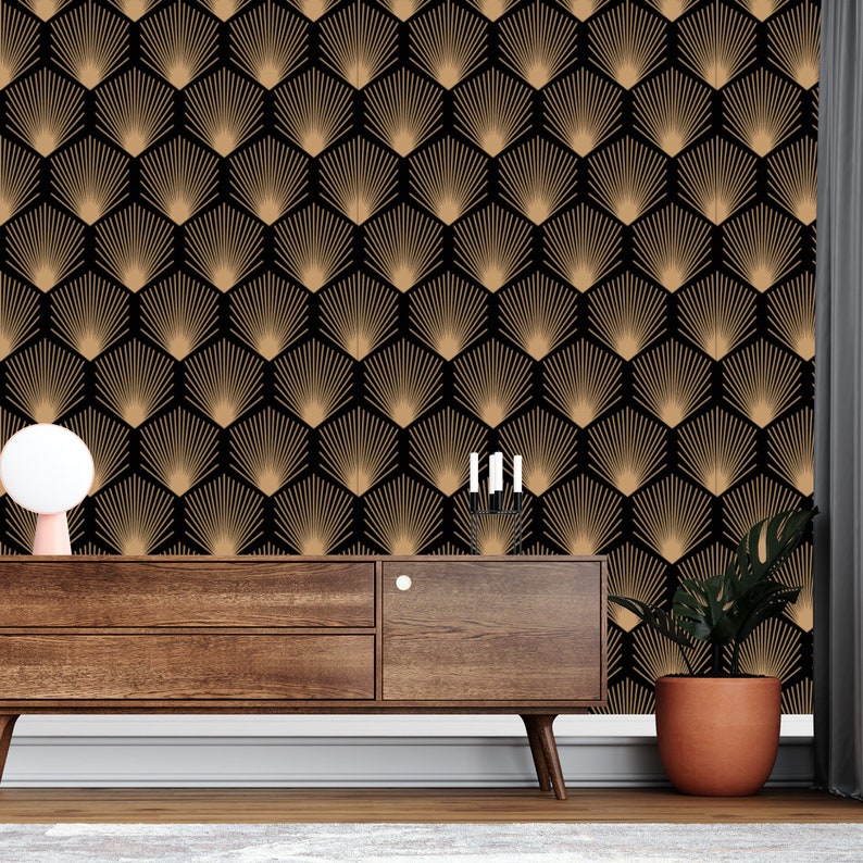 Vintage Black Gold Art Deco Wallpaper Monochrome Embossed Etsy