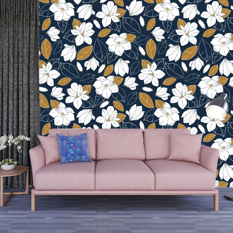 Navy Blue Gold Floral Wallpaper Traditional or Removable Peel Etsy