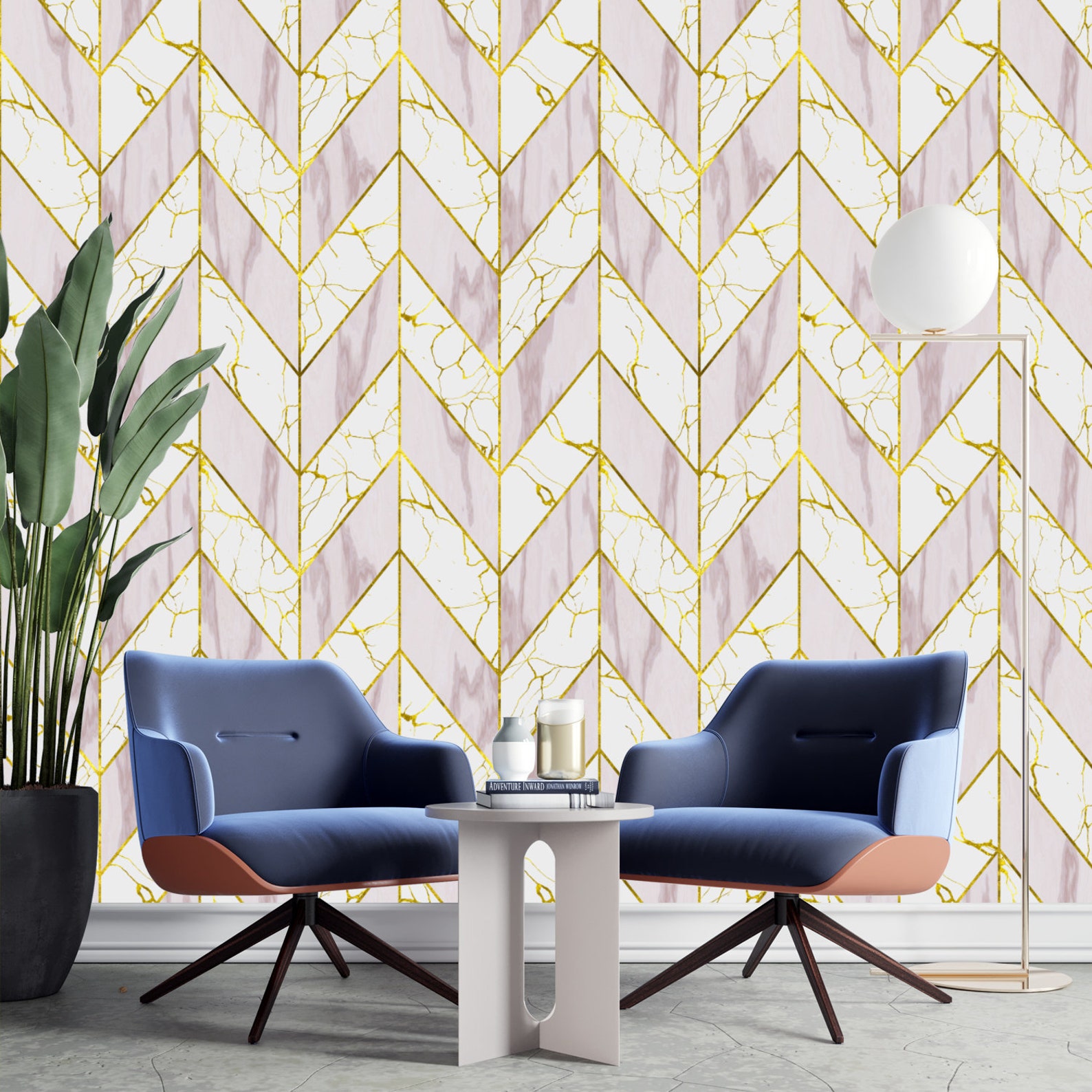 Pink Gold Marble Chevron Herringbone Geometric Wallpaper Etsy