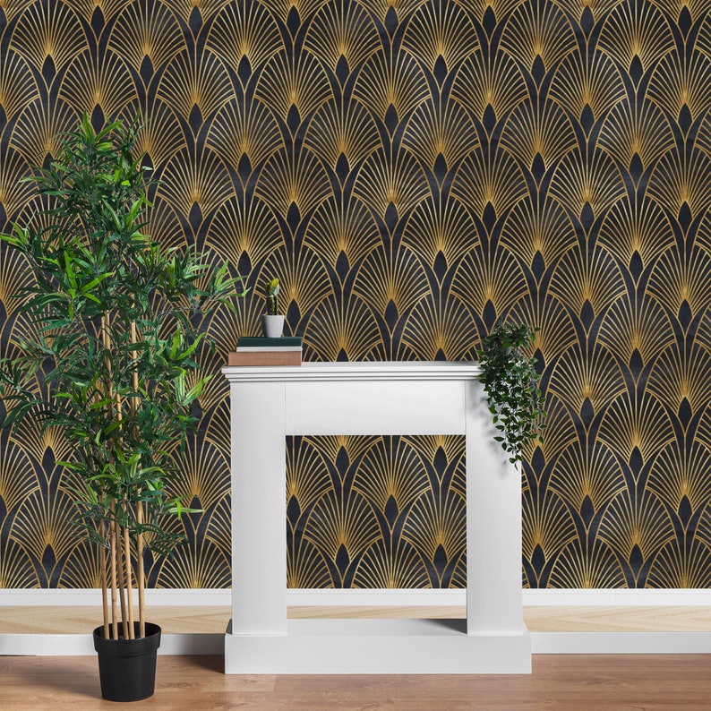 Geometric Art Deco Black Gold Wallpaper Monochrome Embossed Etsy