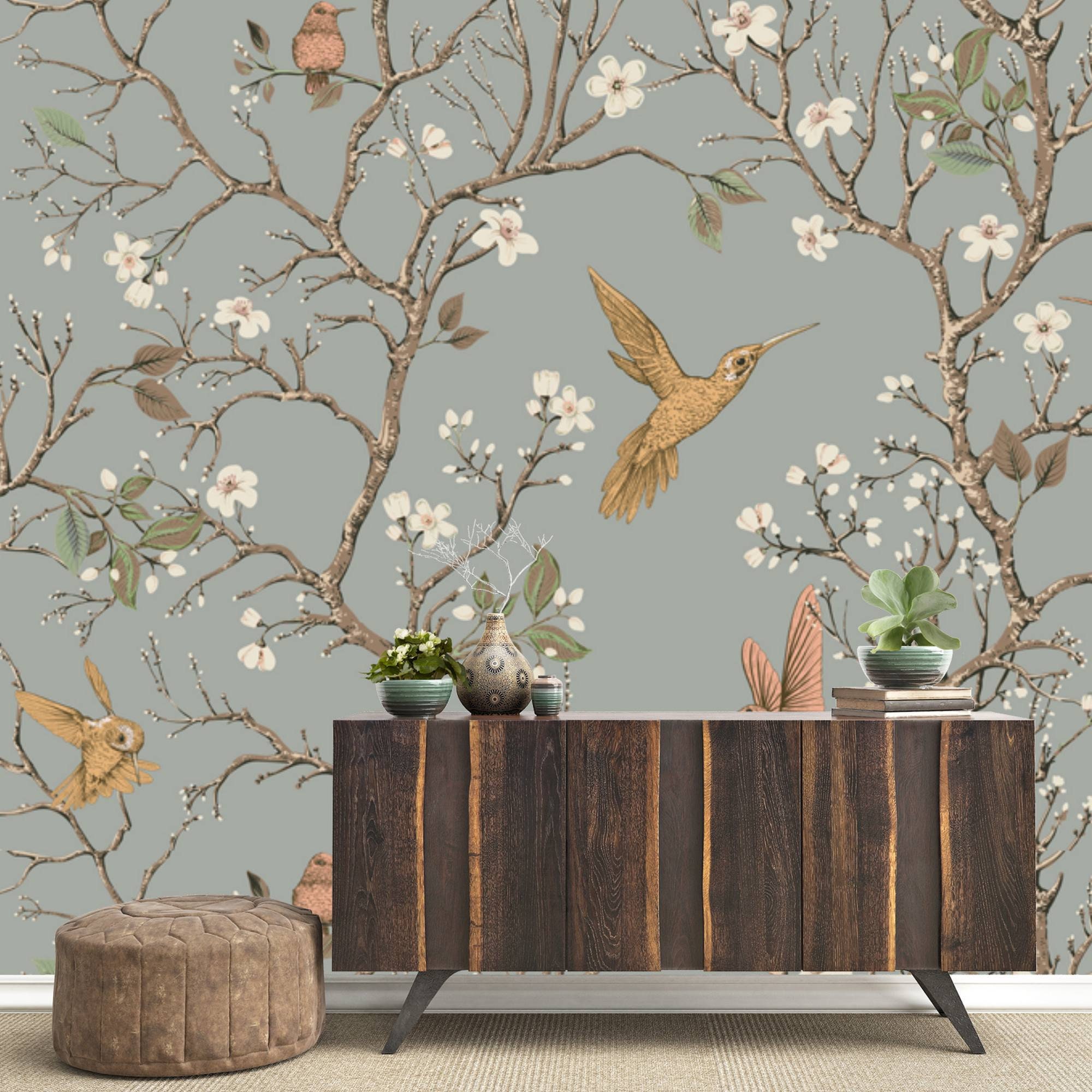 Gray Chinoiserie Bird Flower Wallpaper Traditional Non woven Etsy