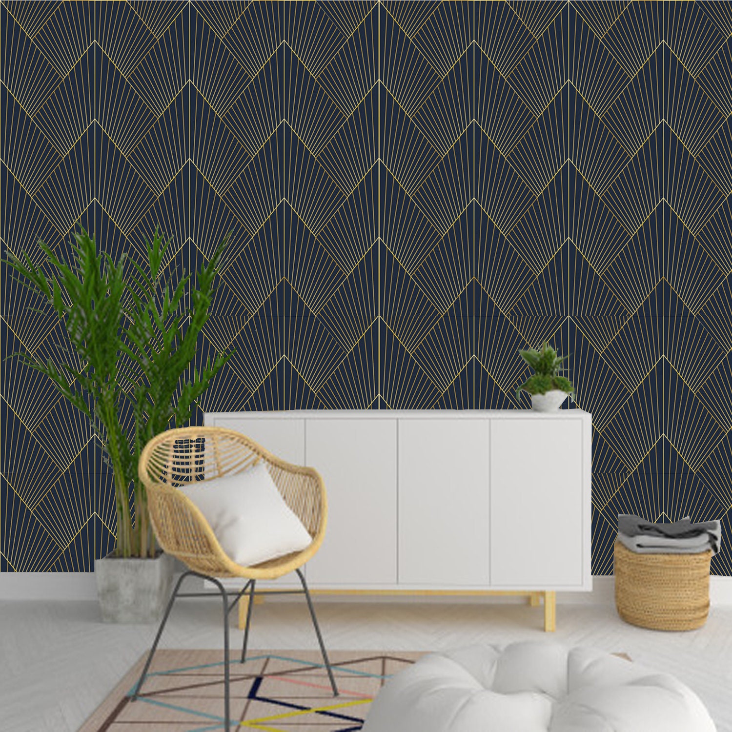 Geometric Art Deco Blue Gold Wallpaper Monochrome Embossed Etsy