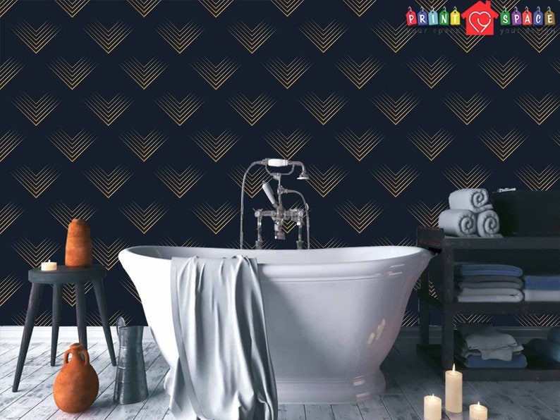 Navy Blue and Gold Art Deco Wallpaper Modern Home Decor Etsy