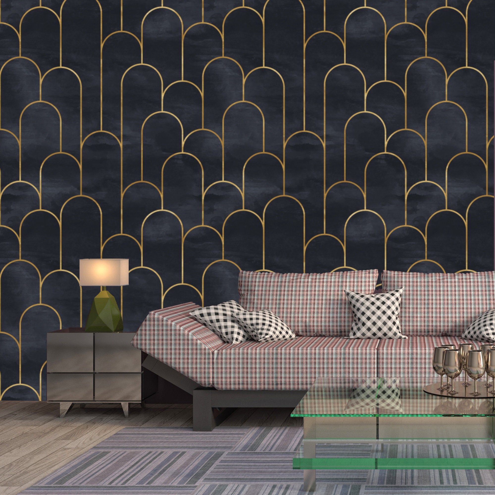 Geometric Art Deco Embossed Nonwoven Wallpaper In Black Gold Etsy