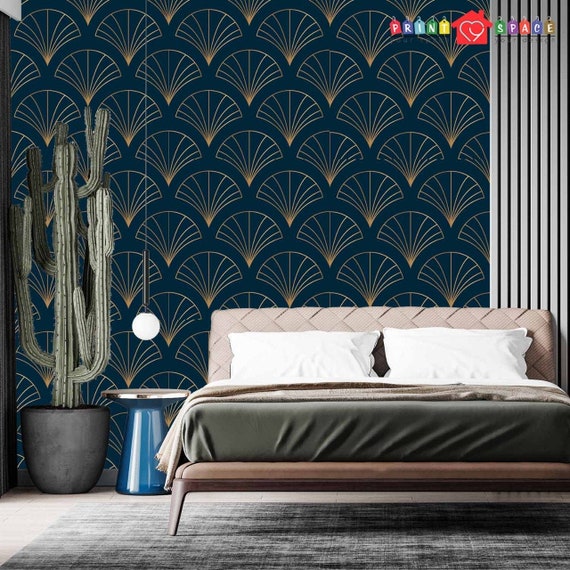 Art Deco Blue Gold Geometric Wallpaper Removable Peel and - Etsy Art Deco Blue Gold Geometric Wallpaper Removable Peel and - Etsy