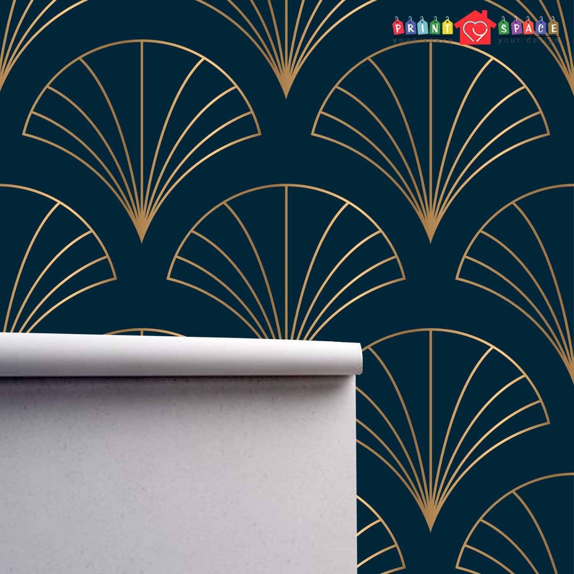 Art Deco Blue Gold Geometric Wallpaper Removable Peel and Etsy