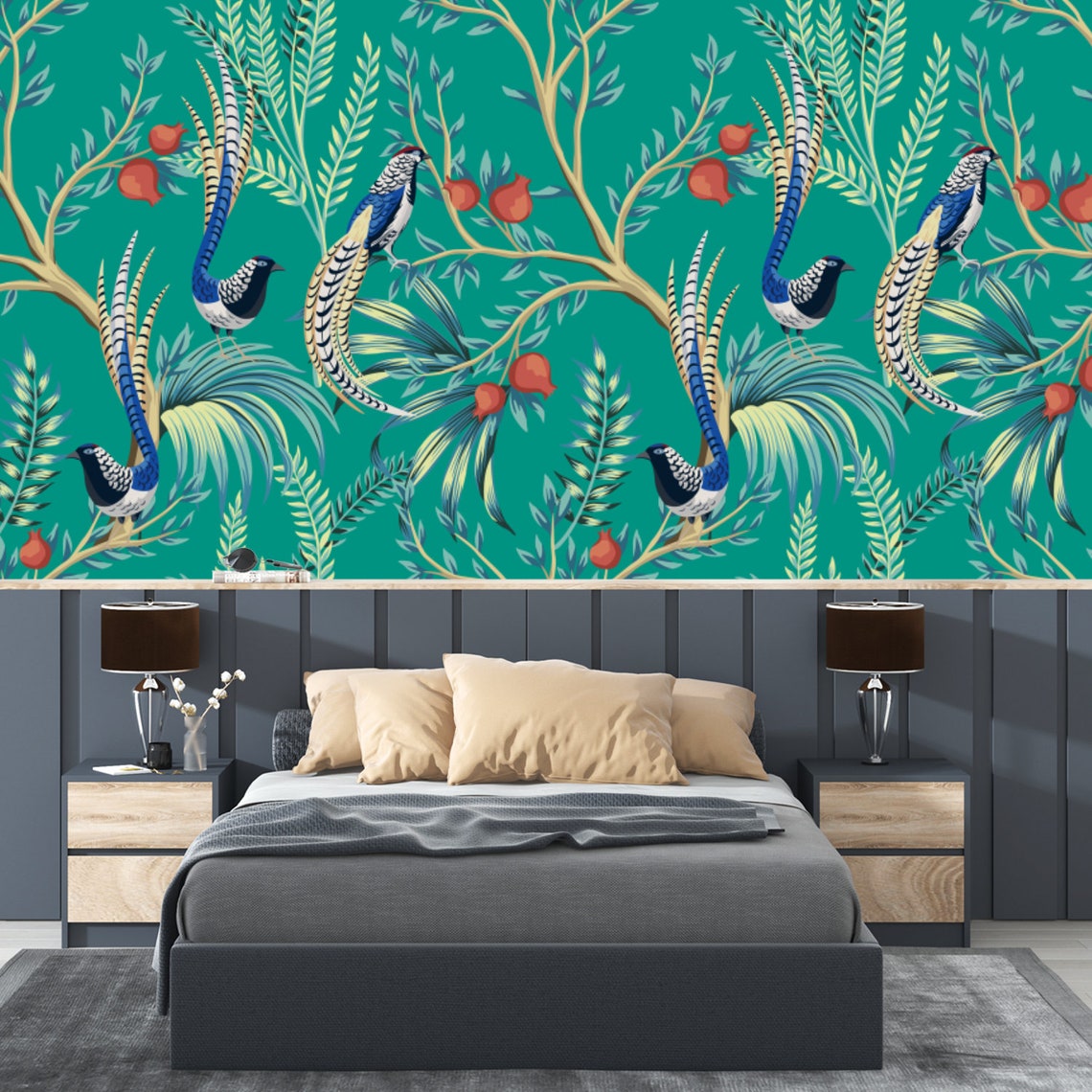 Blue Green Chinoiserie Boho Wallpaper Traditional Non Woven Etsy