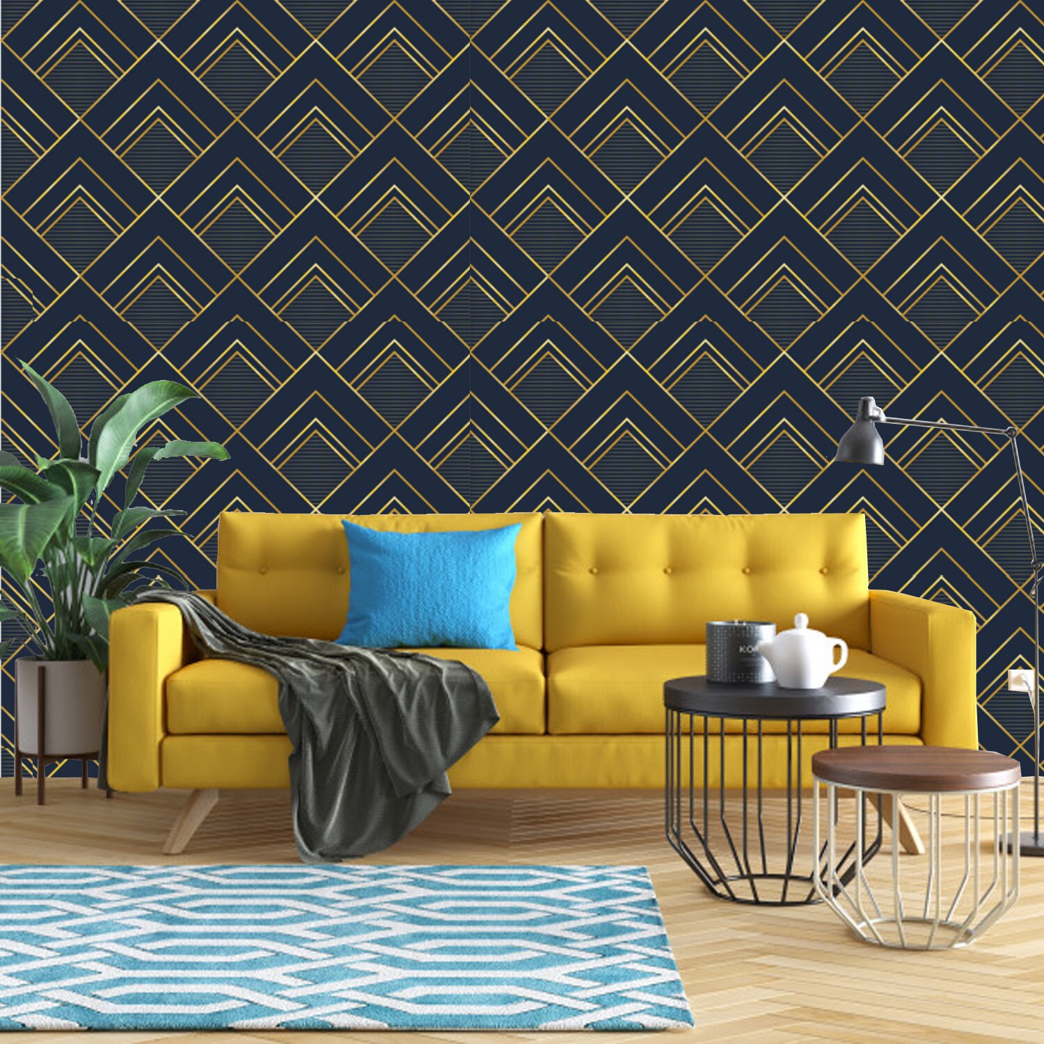 Geometric Art Deco Gray Blue Wallpaper Monochrome Embossed Etsy