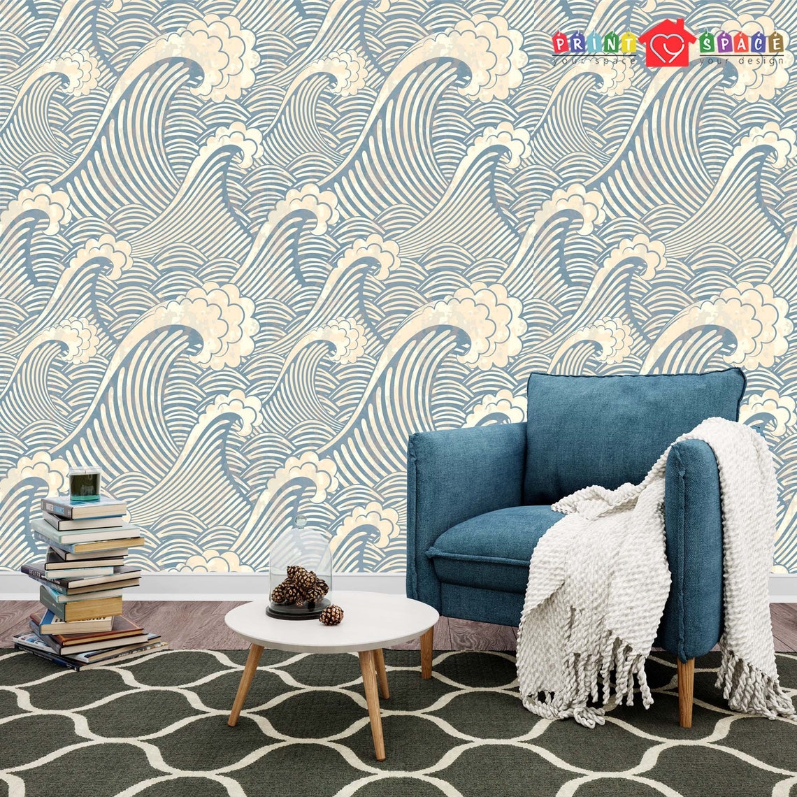 Abstract Blue Waves Japanese Wallpaper Traditional Non Woven - Etsy
