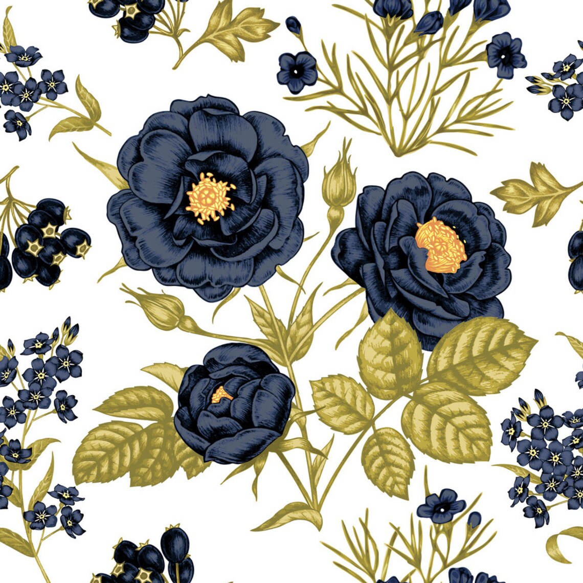 Dark Blue Gold White Floral Wallpaper Traditional Or | Etsy