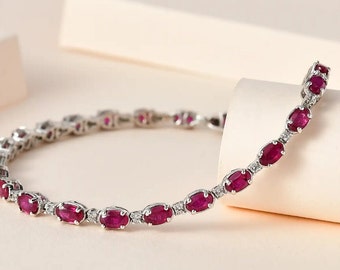 Glass Field Ruby Oval 6x4 MM and Moissainite Tennis Bracelet in 925 Sterling Silver Platinum bracelet Gift for her Anniversary Gift