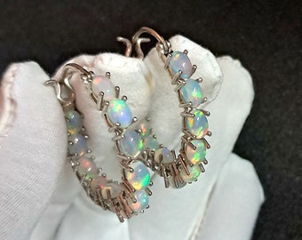 Ethiopian Opal Hoop Earrings: Platinum Over Sterling Silver