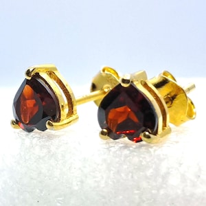 Red Garnet Heart Stud Earrings : Yellow Gold Over Sterling Silver