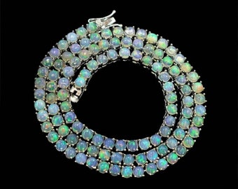 Vintage Natural Ethiopian Opal Round Tennis 925 Sterling Silver Necklace gift for her, Birthday Gift, Mother Day Gift