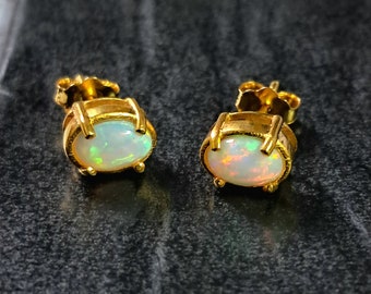 Ethiopian Opal Stud Earrings: Yellow Gold Over Sterling Silver