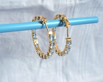 Natural Ocean Blue Aquamarine Inside Out Hoop Earrings Platinum Over Sterling Silver Earrings In Out Hoops Anniversary Gift, Birthday Gift