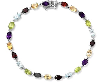 Natural Multi Gemstone Link Bracelet in Platinum Over 925 Sterling Silver, Mother Day Git, Anniversary Gift, Birthday Gift, Girlfriend Gift