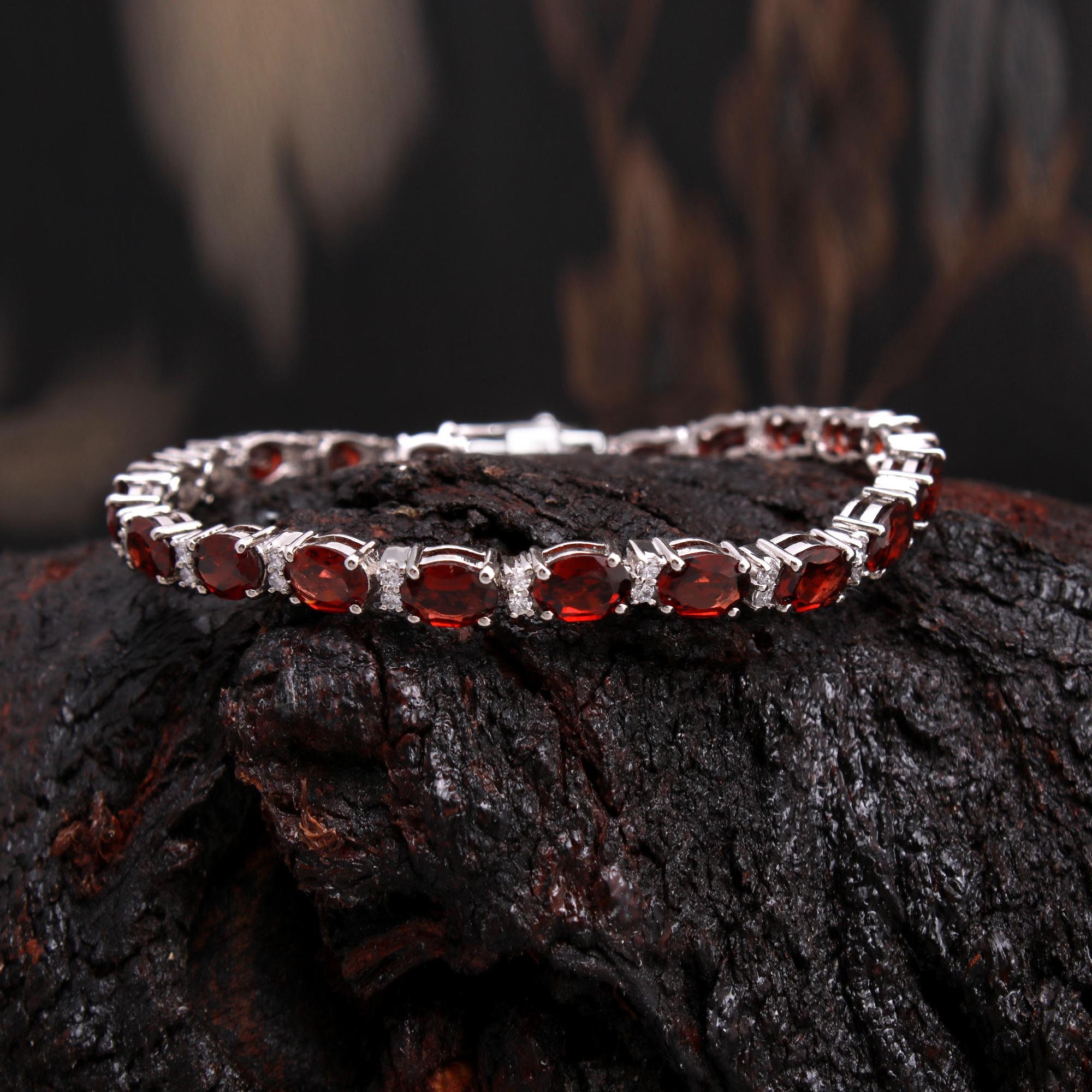 Bracelet Tennis Grenats Rouges Octogonaux - Or Sur Argent 925, 7 Pouces, Fait Main