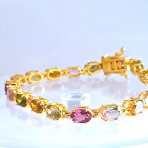 Multi Tourmaline Line Bracelet: Yellow Gold On 925 Sterling Silver