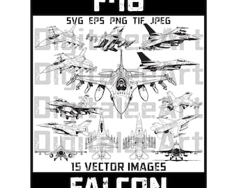 Paquete de ilustraciones del avión de combate F-16 Falcon – Arte de aviación militar, SVG PNG (Descarga digital)