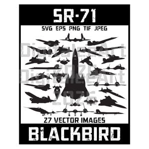 以下が含まれることがあります： 上部にSR-71、下部にBLACKBIRDのテキストが配置されたデジタルグラフィック。中央には、様々な飛行姿勢や角度で描かれたSR-71航空機の黒いシルエットが27個並んでおり、テキストが記載された白い背景の上に配置されています。