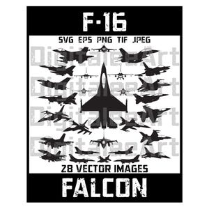 F-16ファルコン空軍クリップアートジェットバンドル – 軍用航空アート、SVG PNG（デジタルダウンロード）