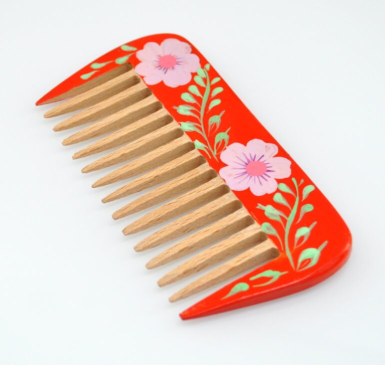 Peine de madera roja de dientes anchos con patrón floral / | Etsy