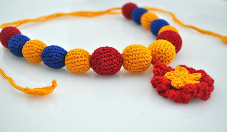 Flower crochet beads necklace Handmade yellow and red flower beaded necklace Neck accessories Boho chic Fall color trends