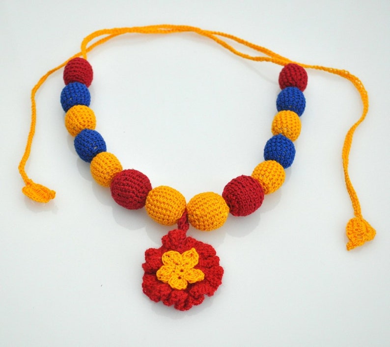 Flower crochet beads necklace Handmade yellow and red flower beaded necklace Neck accessories Boho chic Fall color trends