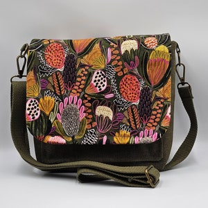 Cross body bags with Australian native flower design fabrics