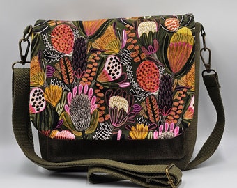 Cross body bags with Australian native flower design fabrics