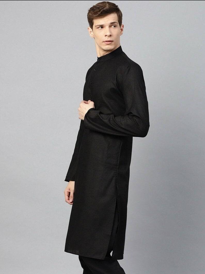 Indian men's Cotton kurta with Pajama solid Black colour | Etsy