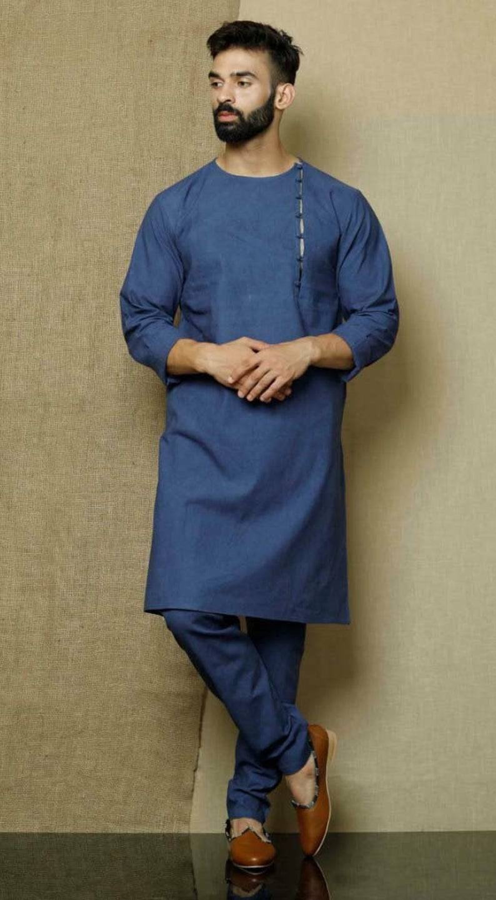 Indian Mens 100 Cotton Tunic Kurta Shirt Traditional Blue Etsy