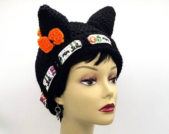 Halloween Crochet Cat Ear Beanie, Women Handmade Cat Ear Hat, Funny Unique Birthday gift, Black Cat Halloween costume, Gothic gifts - KARYN