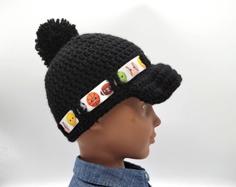 Black Crochet Baseball cap for boy, Handmade sports hats, Sport lover gifts for toddlers, Soccer gifts, Cute Unique Birthday Gift - MICHAEL