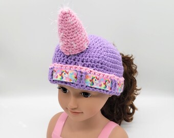 Lavender Unicorn Ponytail Beanie, Crochet Unique Birthday gifts for girls, Cute handmade kids beanie, Handmade children hats - BRE