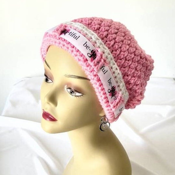 Pink *Be Beautiful" Rhinestone Pompom  Slouchy beanie, Women Unique birthday gift, Cute Custom Crochet beanie, Teenage girl gifts - TRACEE