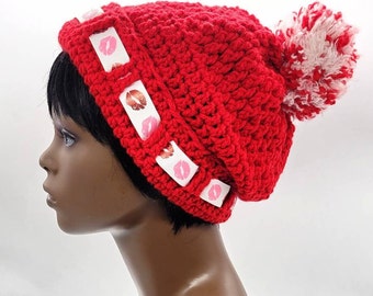 Red Valentine's Day Crochet Hat, Gift for girlfriend or wife, Chunky winter cap, Cute Custom Beanie, Unique Birthday Gift - FELICIA